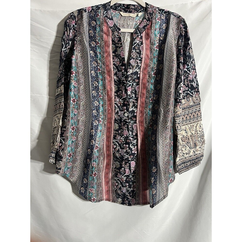 Soft Surroundings Top Womens M Silk Multicolor Floral Boho Indie Pleats Buttons